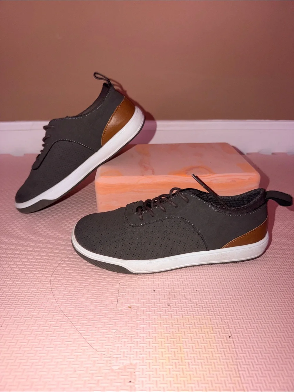Kids Casual Gray Lace-Up Sneakers with Brown Accent (Size: 3 Youth)